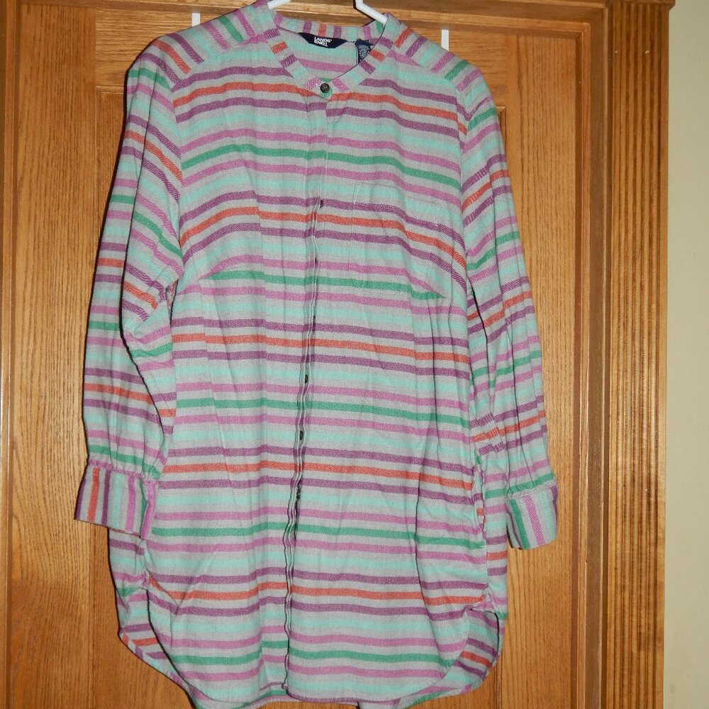 Women's Size 1X 16W/18W Lands End Flannel Shirt Gray Colorful Stripe Tunic Top